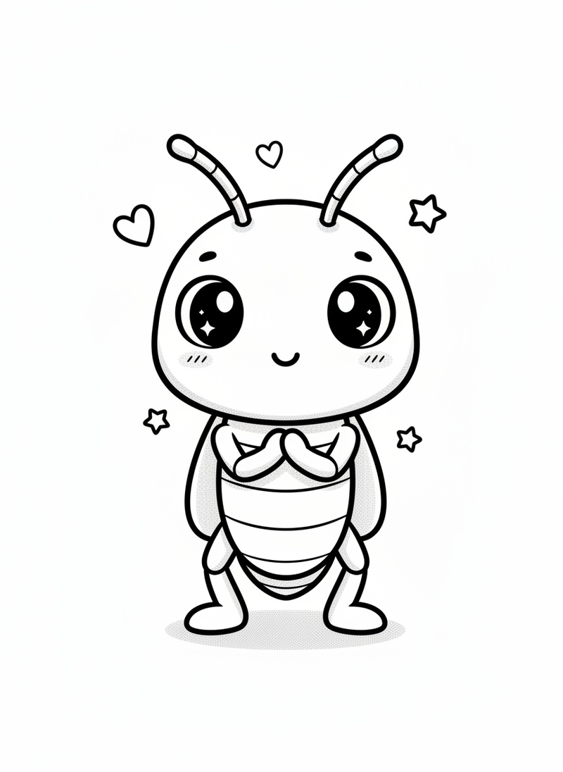 Hop the Grasshopper in Kawaii Cute - Black & White Illustration