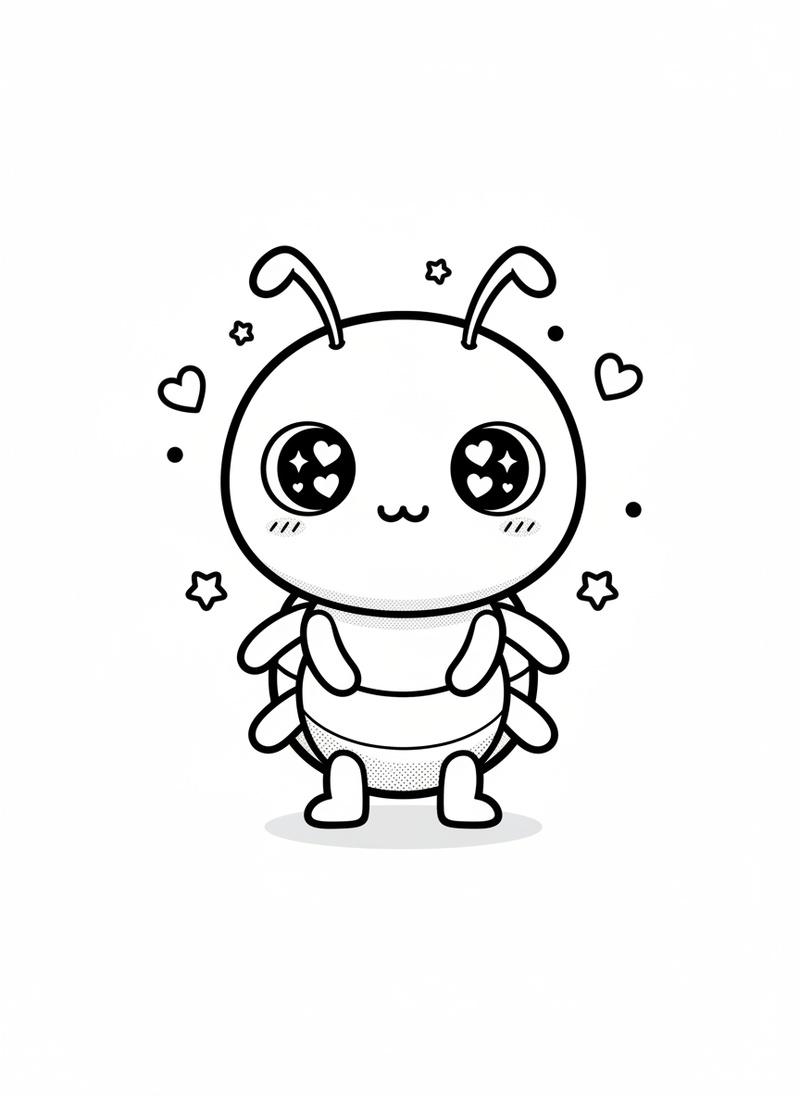 March the Ant in Kawaii Cute - Black & White Illustration