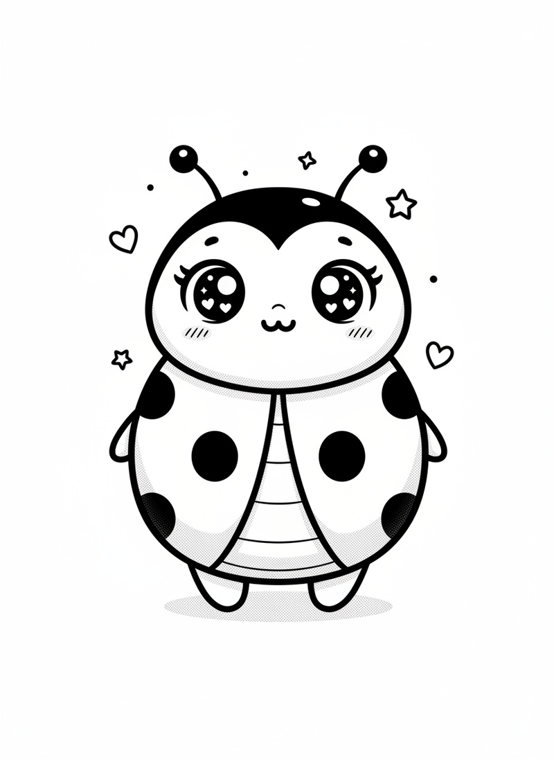 Lady the Ladybug in Kawaii Cute - Black & White Illustration