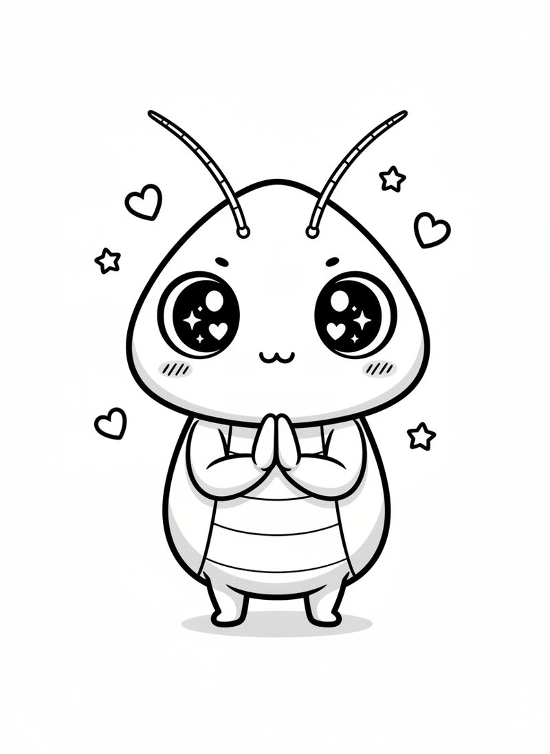 Praying the Mantis in Kawaii Cute - Black & White Illustration