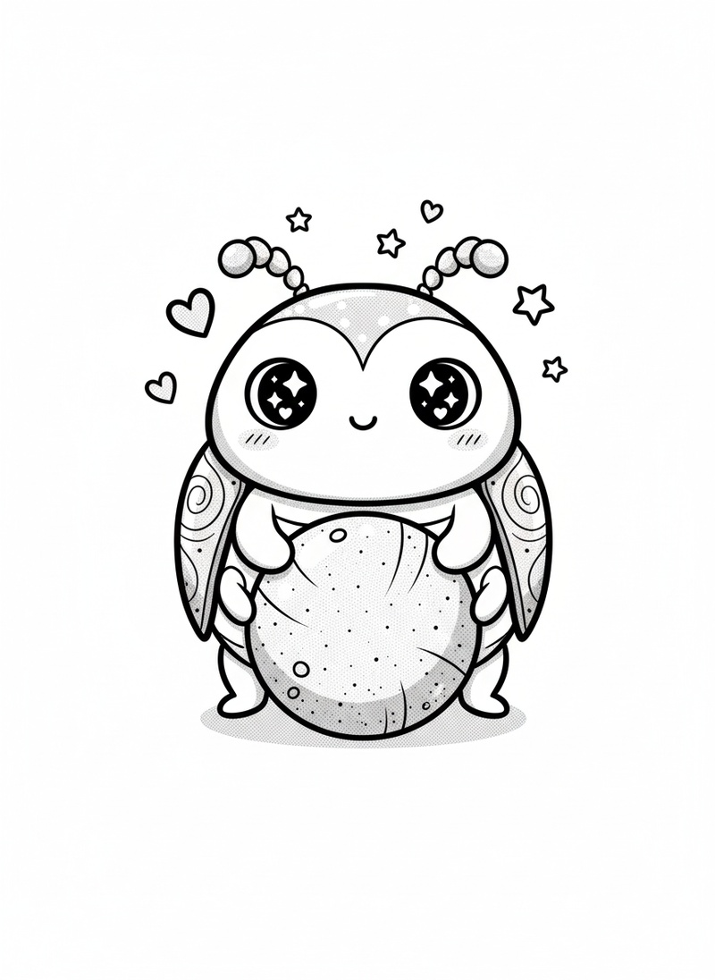 Scarab the Beetle in Kawaii Cute - Black & White Illustration