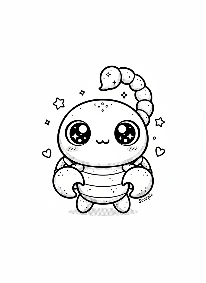 Scorpio the Desert Scorpion in Kawaii Cute - Black & White Illustration