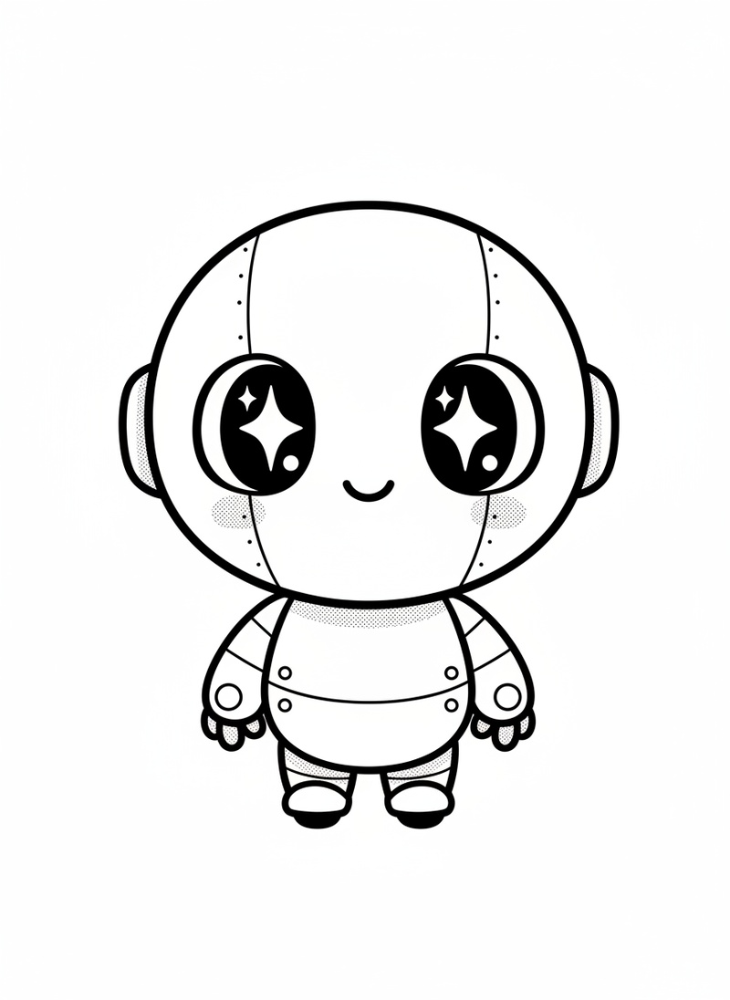 Sparky the Robot Helper in Kawaii Cute - Black & White Illustration