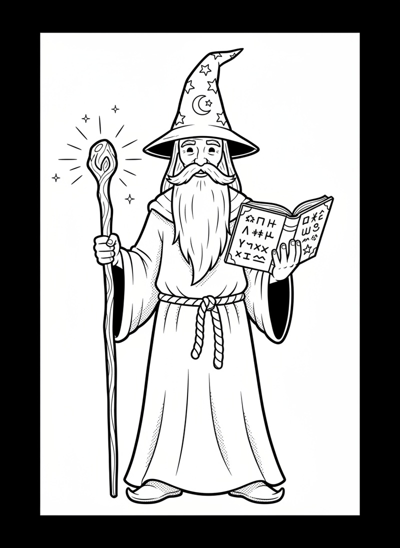 Merlin the Wise Wizard in Classic Coloring Book - Black & White Illustration