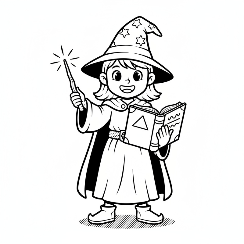 Zara the Young Sorceress in Classic Coloring Book - Black & White Illustration