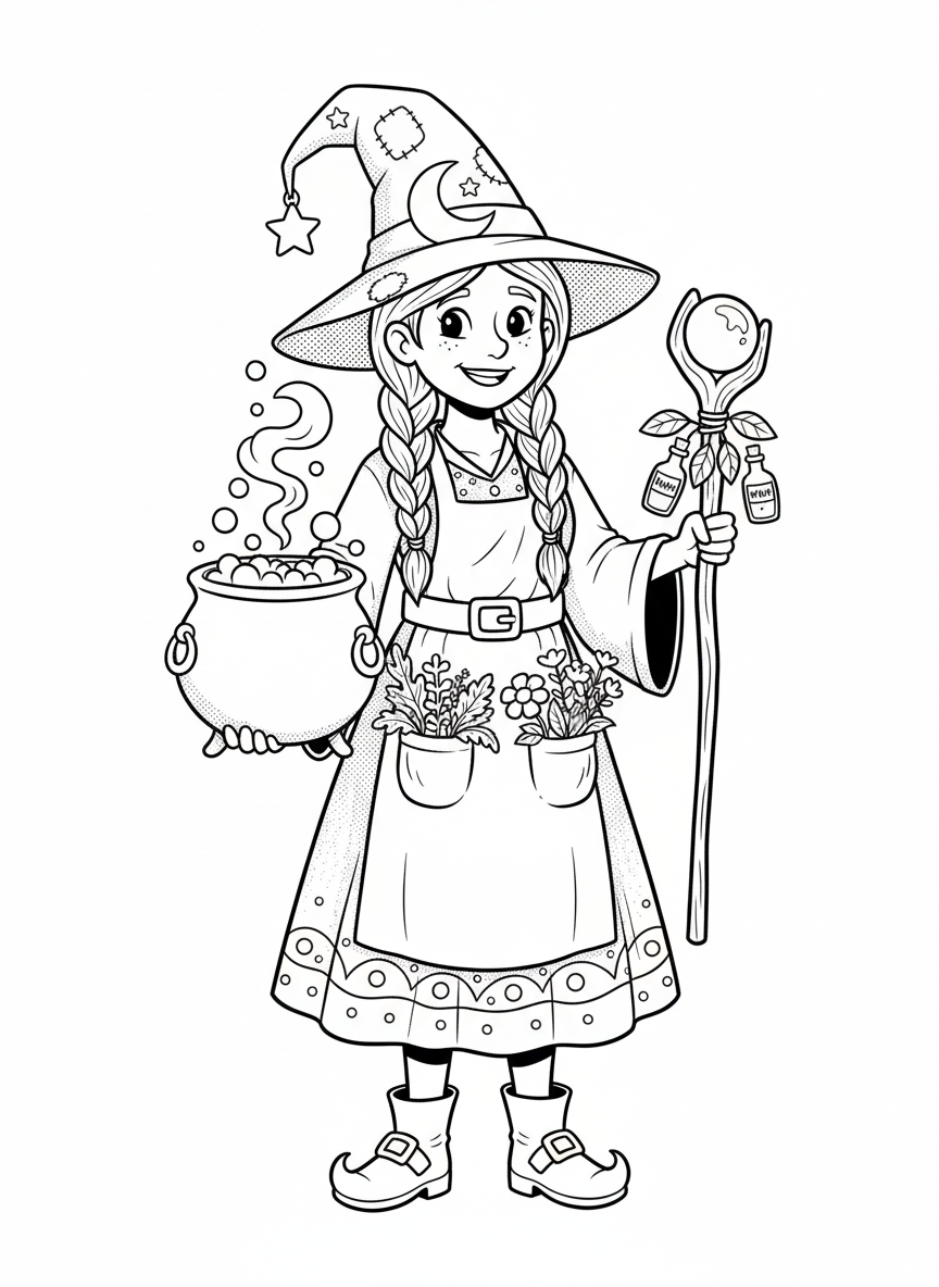 Hazel the Helpful Witch - Black & White Illustration