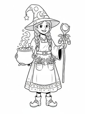 Hazel the Helpful Witch in Classic Coloring Book - Black & White Illustration