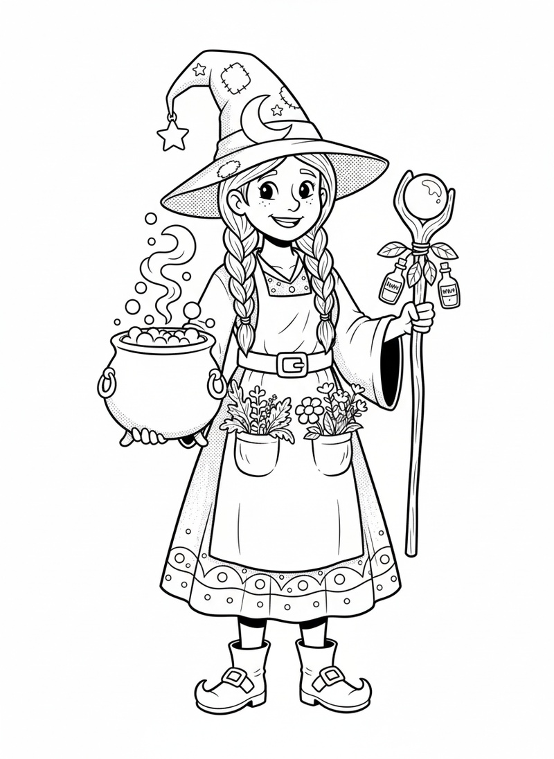 Hazel the Helpful Witch in Classic Coloring Book - Black & White Illustration