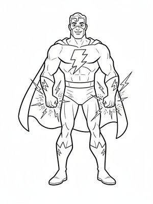 Captain Thunder the Superhero in Classic Coloring Book - Black & White Illustration