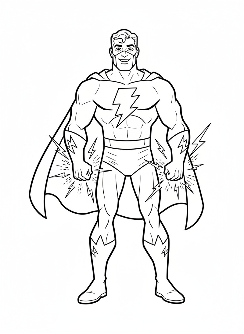 Captain Thunder the Superhero in Classic Coloring Book - Black & White Illustration