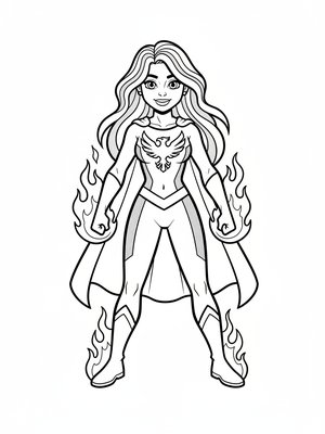 Phoenix Girl the Fire Hero in Classic Coloring Book - Black & White Illustration