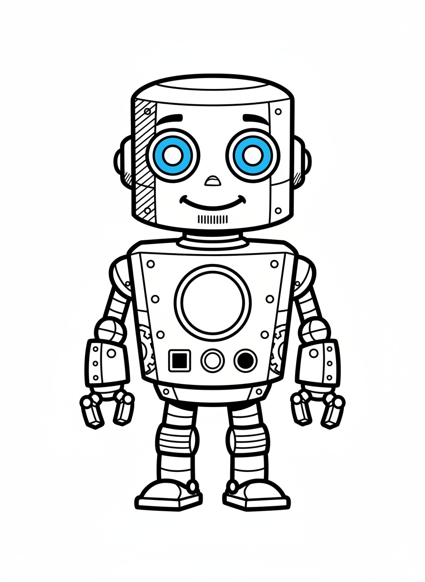 Bolt the Robot Helper - Black & White Illustration