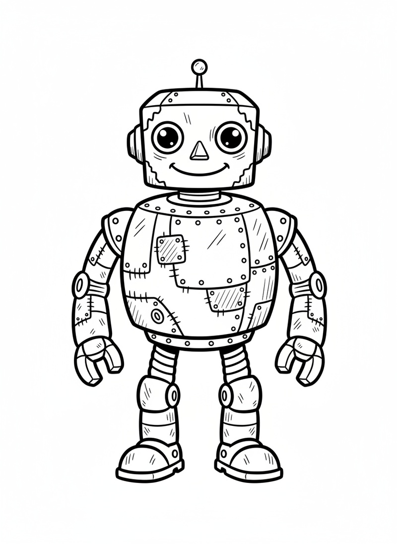 Rust the Old Robot in Classic Coloring Book - Black & White Illustration