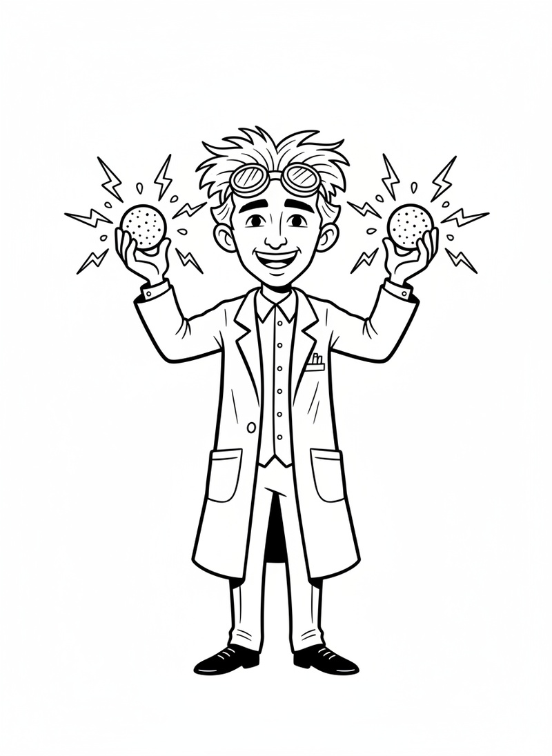 Professor Tesla the Scientist in Classic Coloring Book - Black & White Illustration