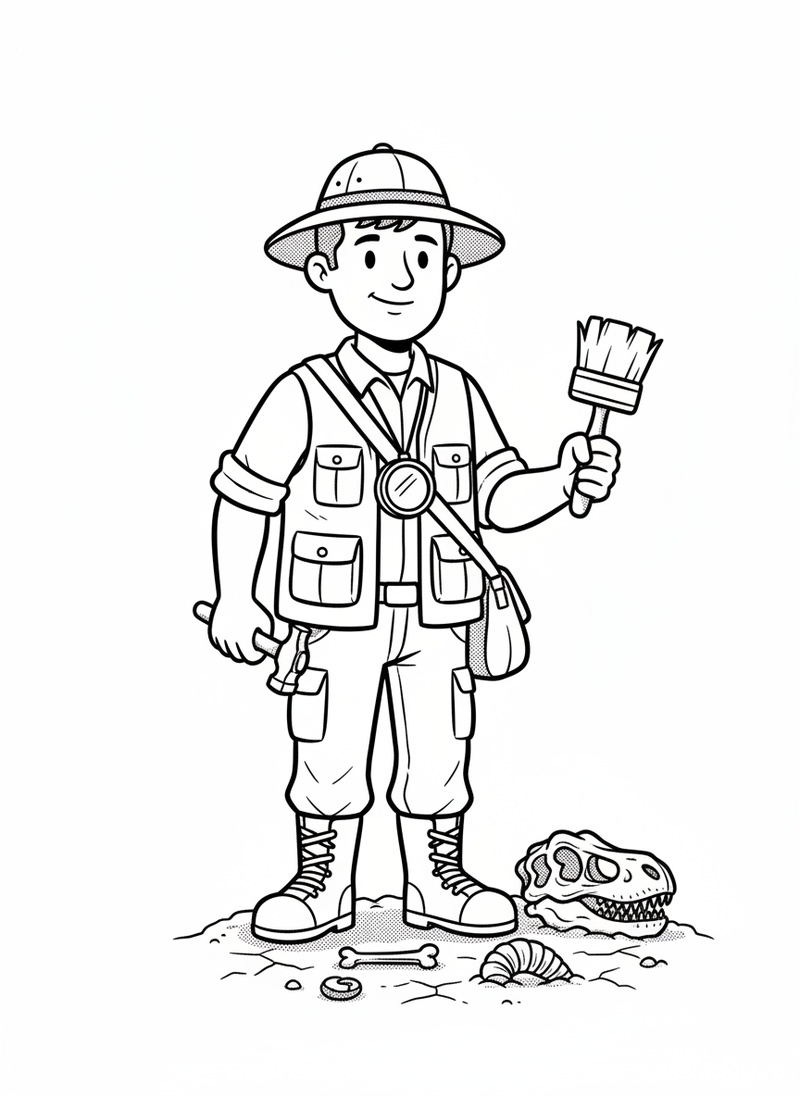 Dr. Bones the Paleontologist in Classic Coloring Book - Black & White Illustration
