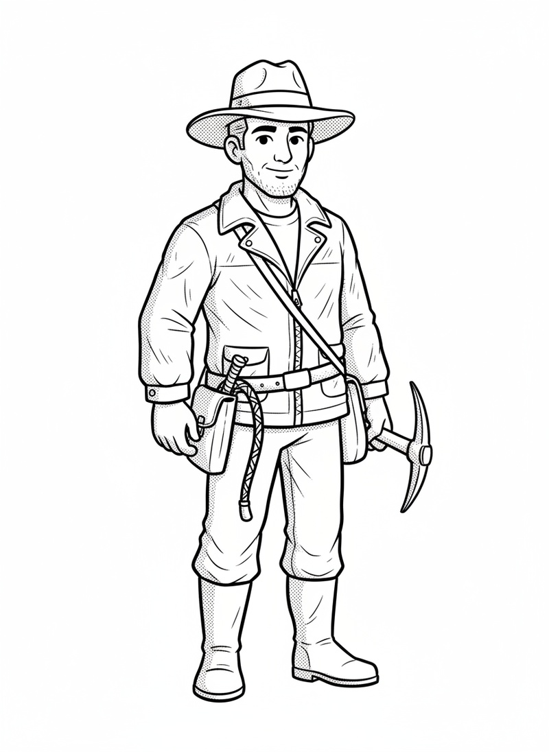 Silas Drake the Archaeologist in Classic Coloring Book - Black & White Illustration
