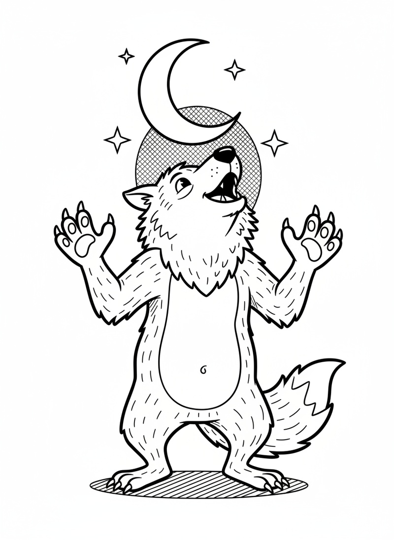 Luna the Werewolf in Classic Coloring Book - Black & White Illustration