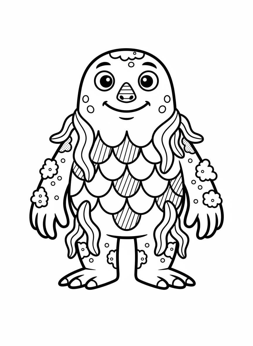 Greenie the Swamp Monster - Black & White Illustration