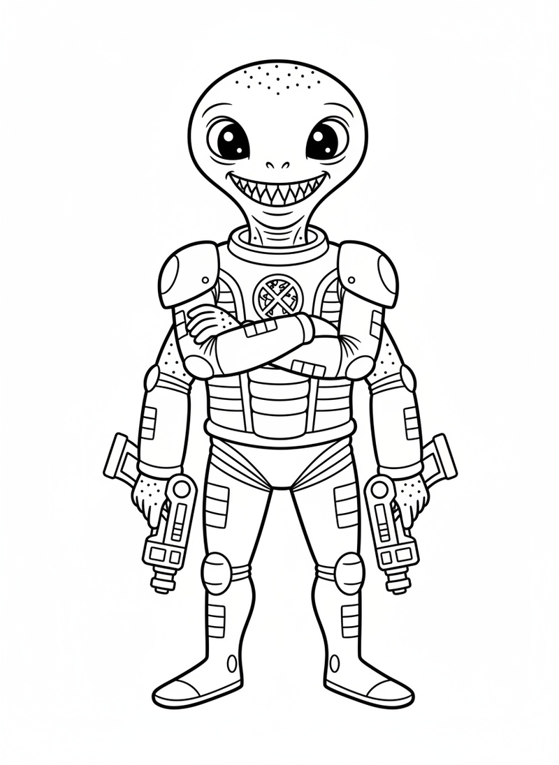 Invader the Villain Alien in Classic Coloring Book - Black & White Illustration