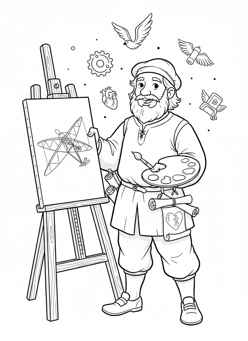 Leonardo the Renaissance Artist in Classic Coloring Book - Black & White Illustration