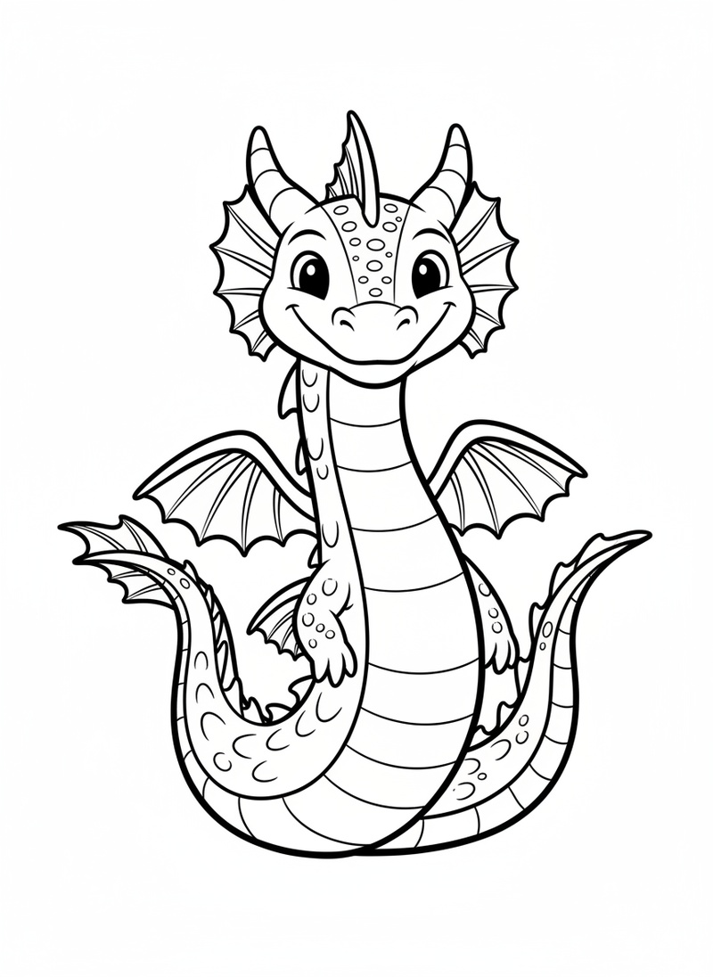 Splash the Water Dragon in Classic Coloring Book - Black & White Illustration