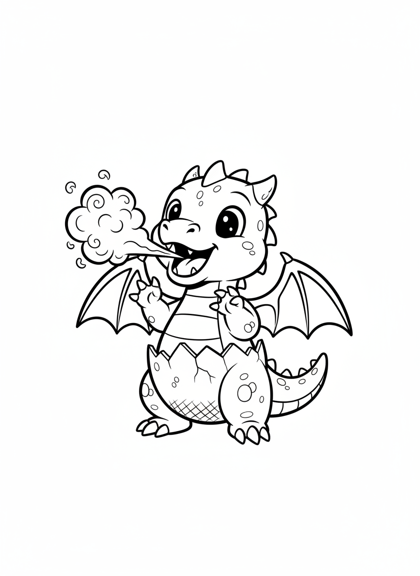 Baby Spark the Dragon Hatchling - Black & White Illustration