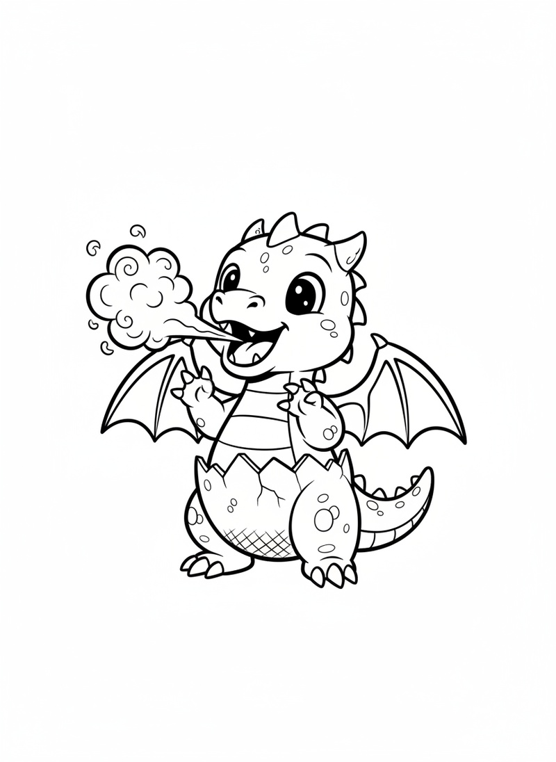 Baby Spark the Dragon Hatchling in Classic Coloring Book - Black & White Illustration