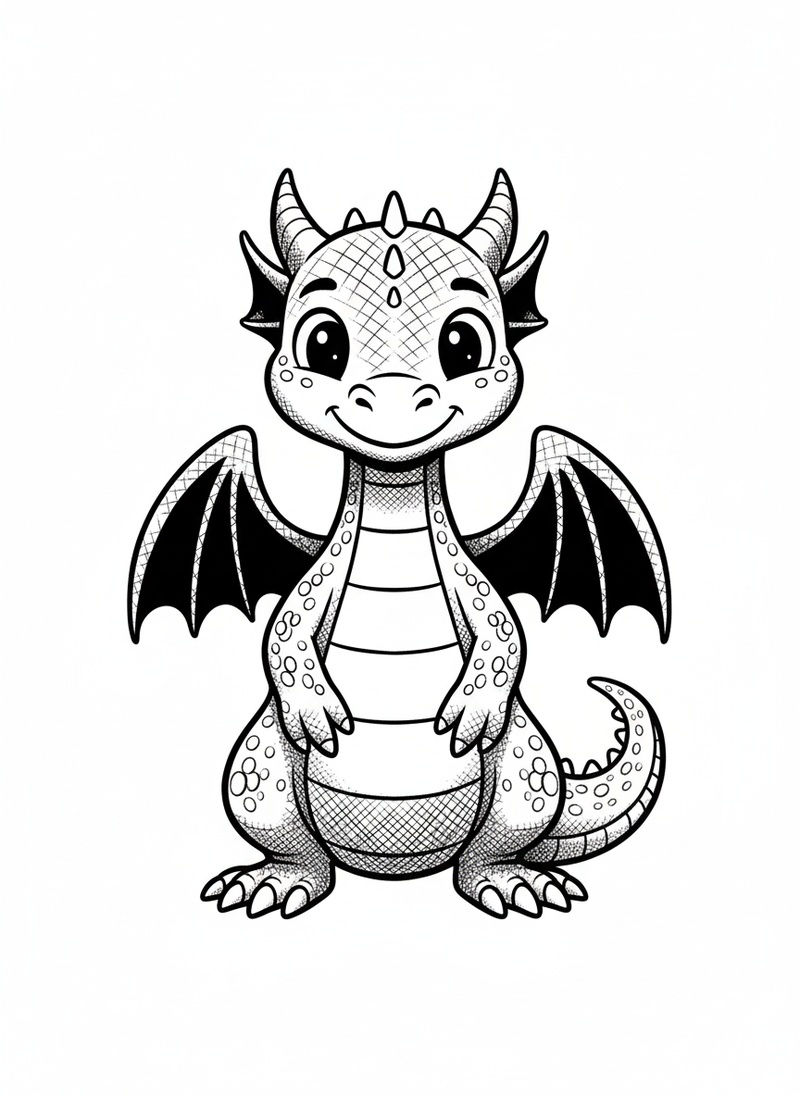 Shadow the Night Dragon in Classic Coloring Book - Black & White Illustration