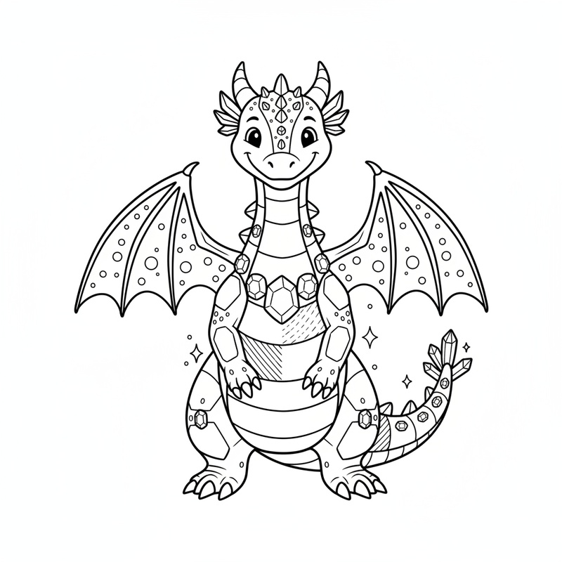 Gemstone the Crystal Dragon in Classic Coloring Book - Black & White Illustration