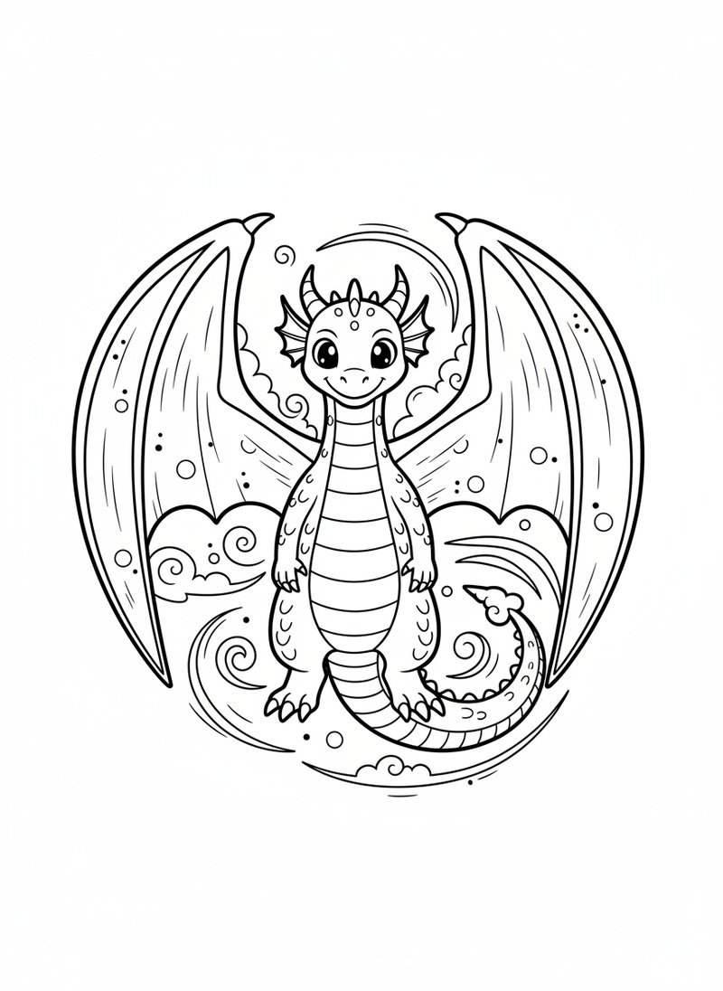 Zephyr the Wind Dragon in Classic Coloring Book - Black & White Illustration