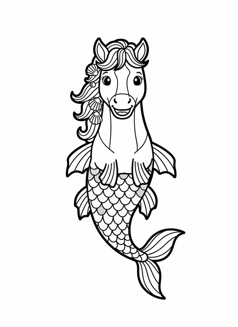 Bubbles the Hippocampus in Classic Coloring Book - Black & White Illustration