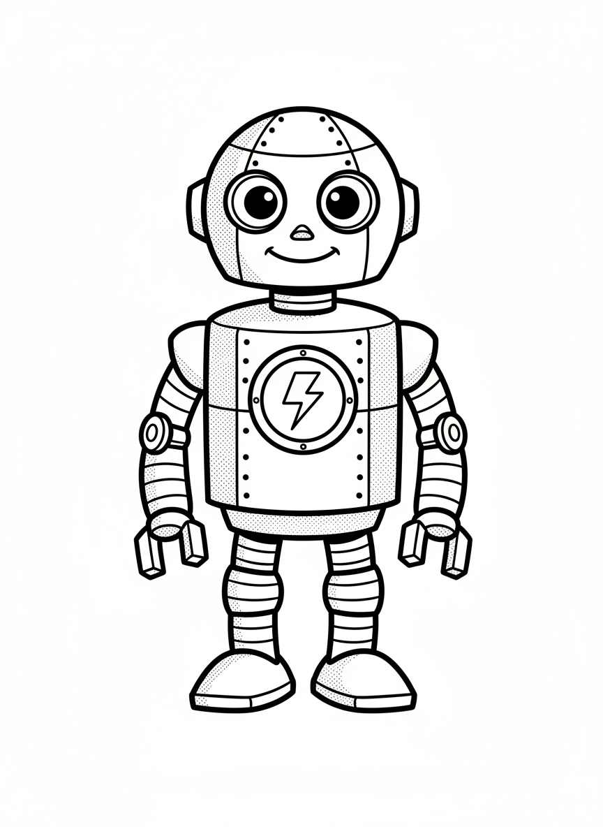Sparky the Robot Helper - Black & White Illustration