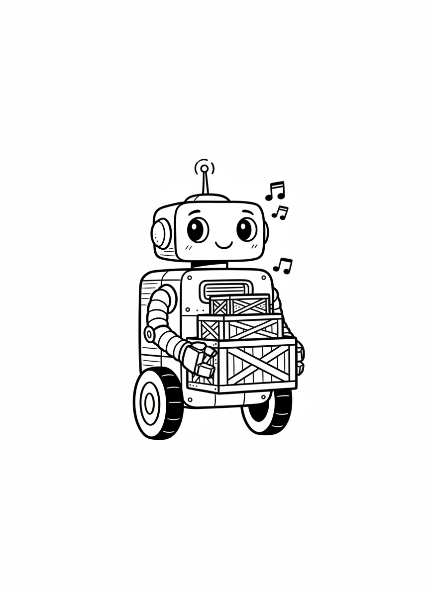 Beep the Robot Companion - Black & White Illustration