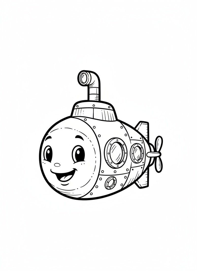 Splash the Mini Submarine in Classic Coloring Book - Black & White Illustration