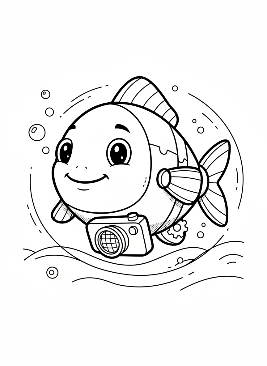 Float the Robot Fish - Black & White Illustration