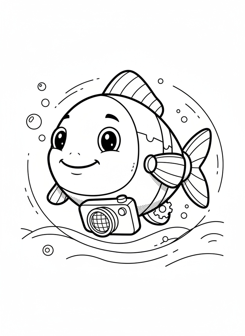 Float the Robot Fish in Classic Coloring Book - Black & White Illustration