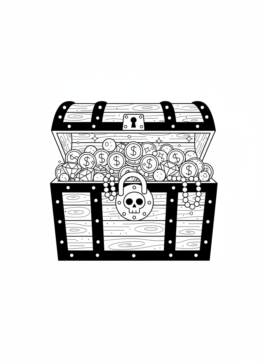 Treasure Chest of Gold - Black & White Illustration