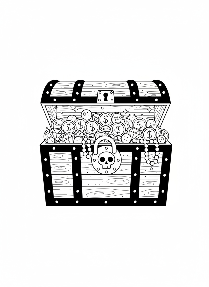 Treasure Chest of Gold in Classic Coloring Book - Black & White Illustration