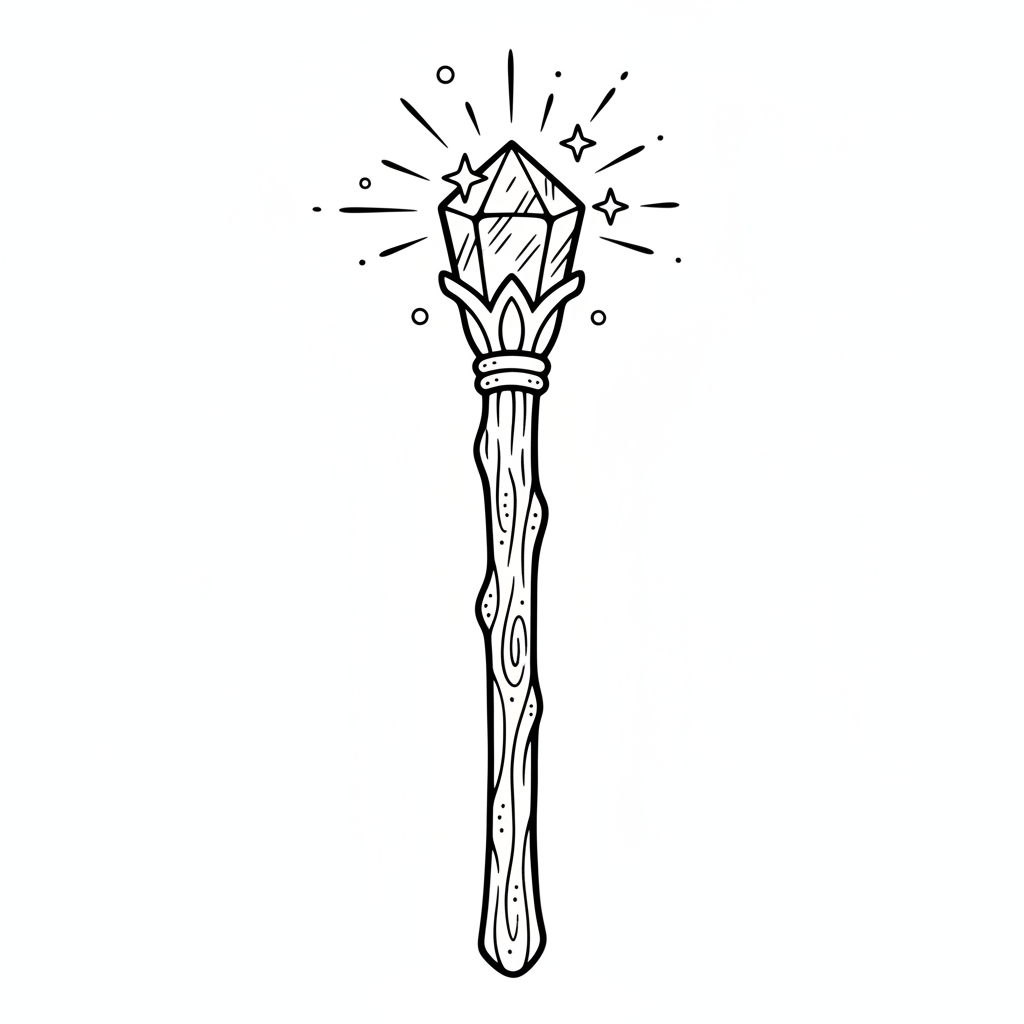 Ancient Magic Wand - Black & White Illustration