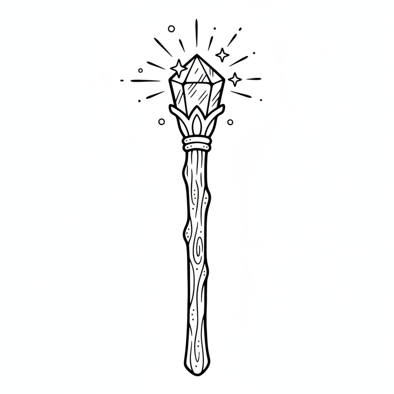 Ancient Magic Wand in Classic Coloring Book - Black & White Illustration