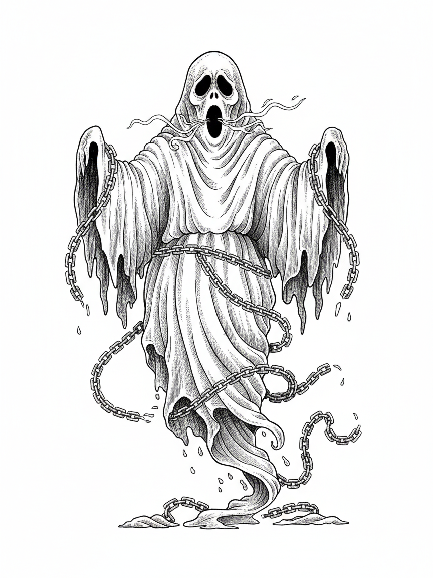 Spook the Scary Ghost - Black & White Illustration
