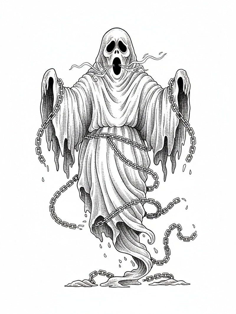 Spook the Scary Ghost in Fairy Tale Classic - Black & White Illustration