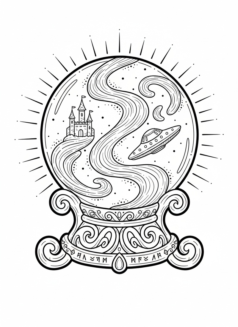 Crystal Ball of Visions in Classic Coloring Book - Black & White Illustration