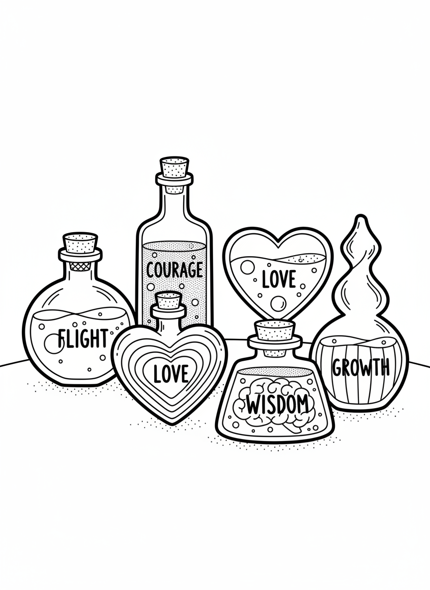 Magic Potion Bottles - Black & White Illustration