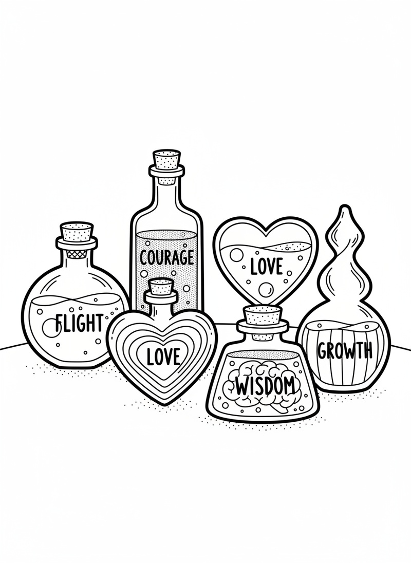 Magic Potion Bottles in Classic Coloring Book - Black & White Illustration
