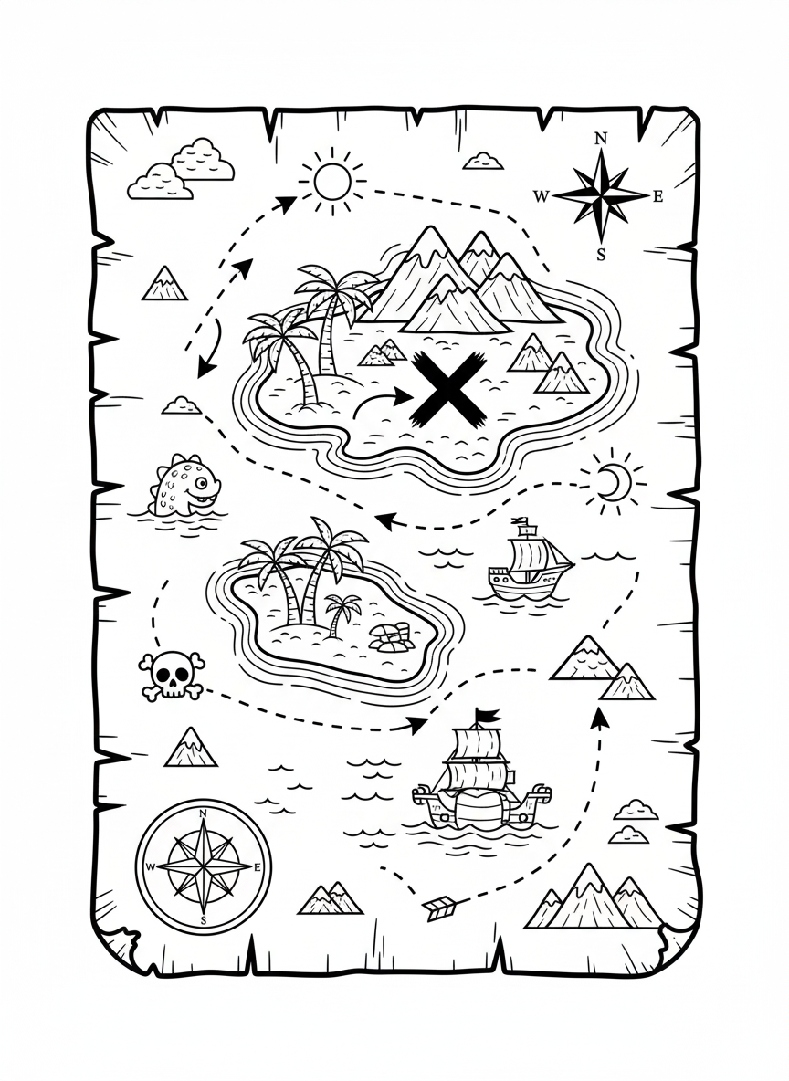 Ancient Map to Treasure - Black & White Illustration