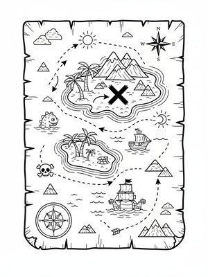 Ancient Map to Treasure in Classic Coloring Book - Black & White Illustration