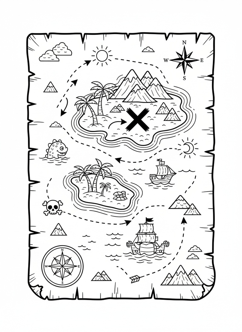 Ancient Map to Treasure in Classic Coloring Book - Black & White Illustration