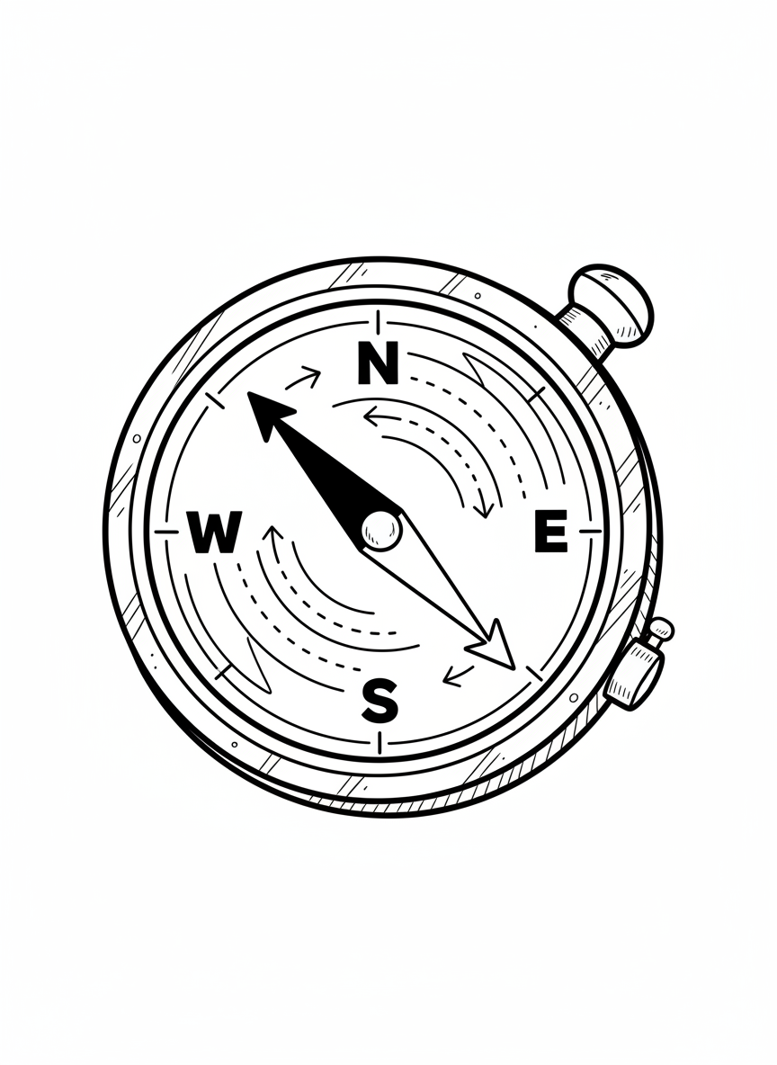 Explorer's Compass - Black & White Illustration