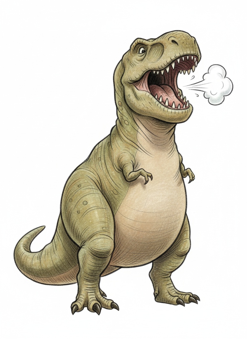 Rex the Fierce T-Rex in Gentle Pencil - Full Colored Illustration